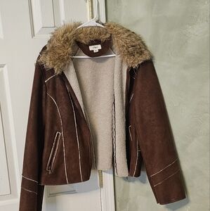 Cato Chocolate Brown Suede Teddy Jacket with Faux Fur Collar
